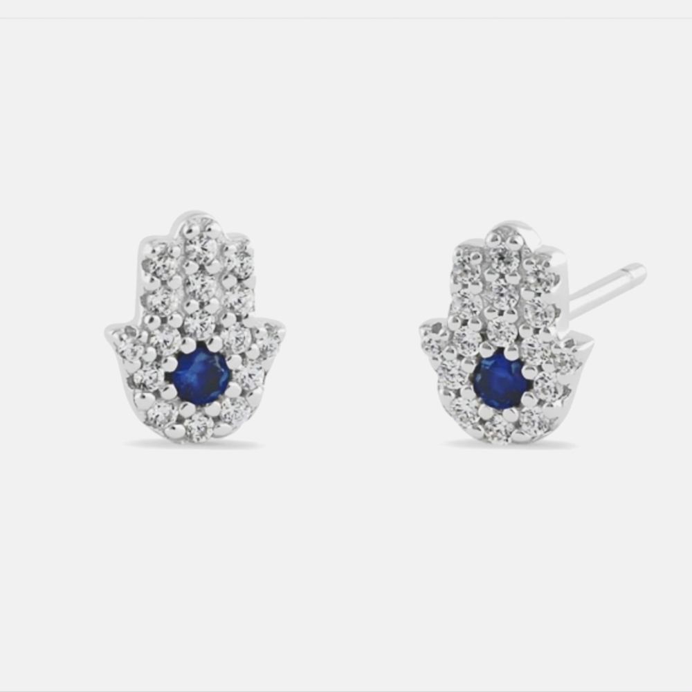 *Sterling Silver Petite Hamsa Round Sapphire Clear Cut CZ Earrings - Picture 1 of 4